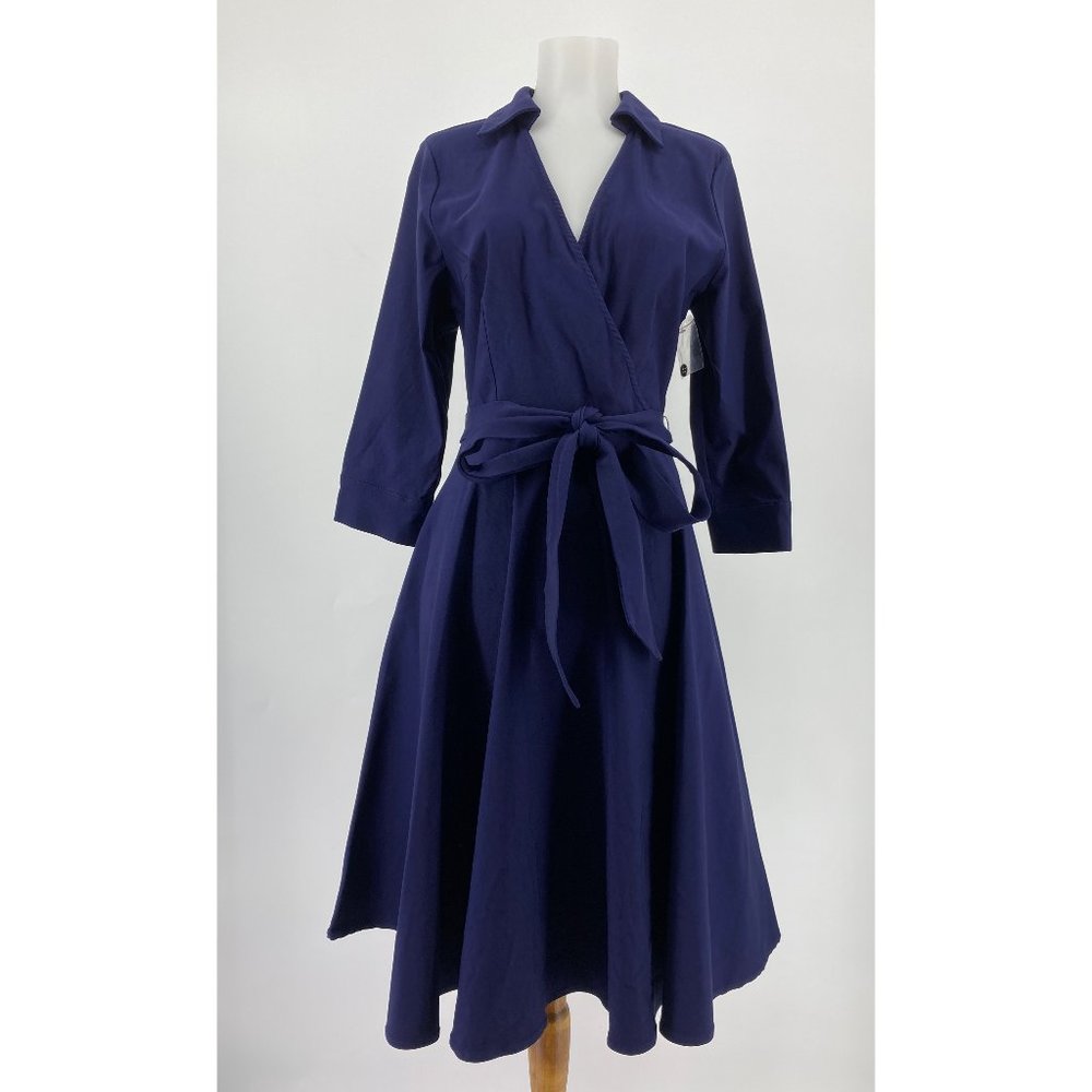 Modcloth Dress Faux Wrap Navy Blue Collared